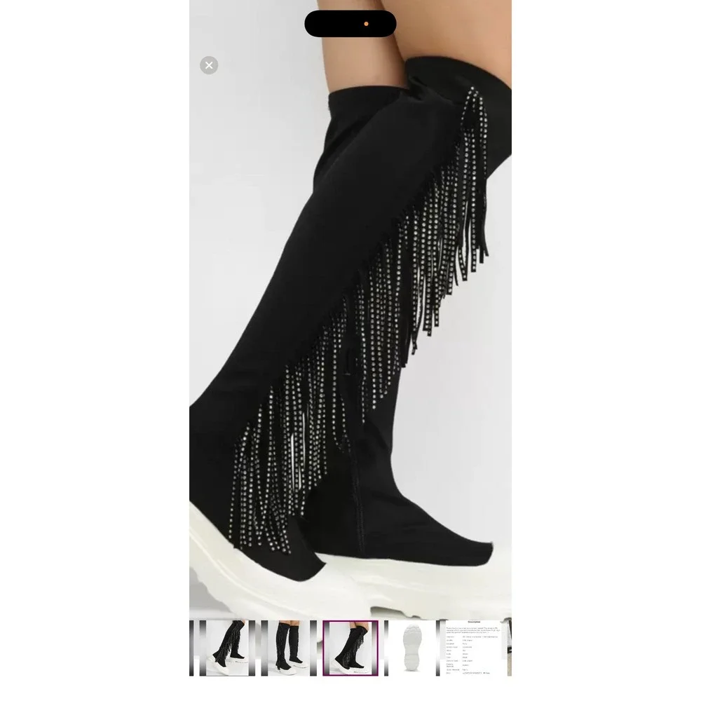 Cape Robbin Black Rhinestone Fringe Platform Knee High Boots 6 goth grunge‎